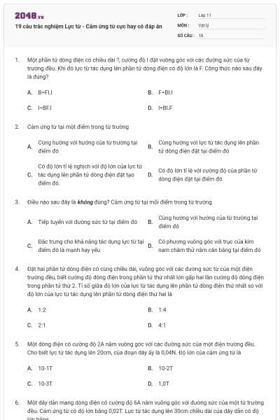 19 câu trắc nghiệm Lực từ - Cảm ứng từ cực hay có đáp án