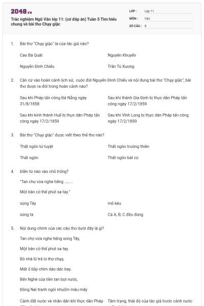 Trắc nghiệm Ngữ Văn lớp 11: (có đáp án) Tuần 5 Tìm hiểu chung về bài thơ Chạy giặc