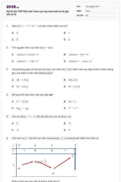 Đè thi thử THPTQG môn Toán cực hay mới nhất có lời giải (đề số 4)