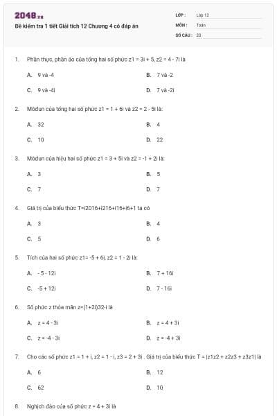 Đề kiểm tra 1 tiết Giải tích 12 Chương 4 có đáp án