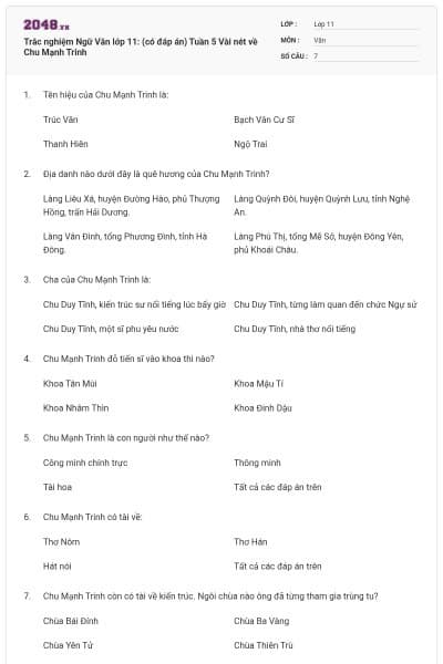Trắc nghiệm Ngữ Văn lớp 11: (có đáp án) Tuần 5 Vài nét về Chu Mạnh Trinh