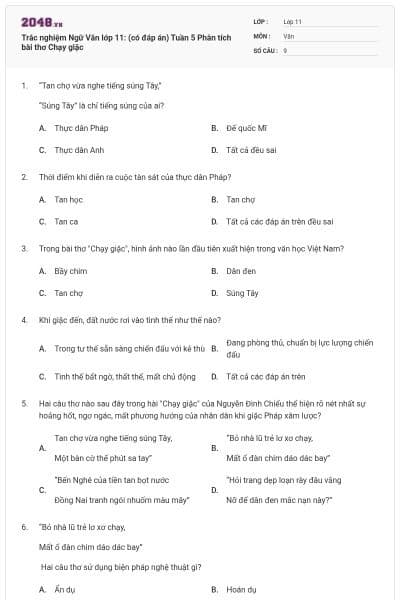 Trắc nghiệm Ngữ Văn lớp 11: (có đáp án) Tuần 5 Phân tích bài thơ Chạy giặc
