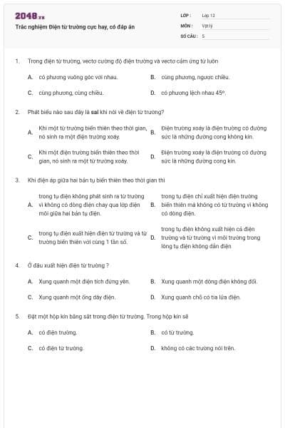 Trắc nghiệm Điện từ trường cực hay, có đáp án
