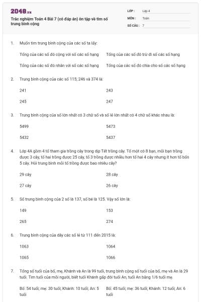 Trắc nghiệm Toán 4 Bài 7 (có đáp án) ôn tập về tìm số trung bình cộng