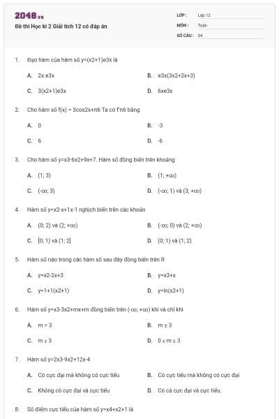 Đề thi Học kì 2 Giải tích 12 có đáp án