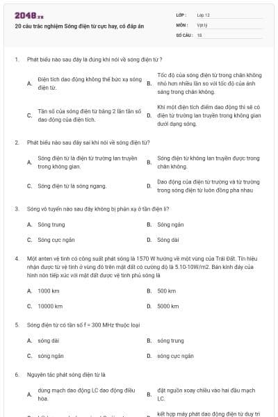 20 câu trắc nghiệm Sóng điện từ cực hay, có đáp án