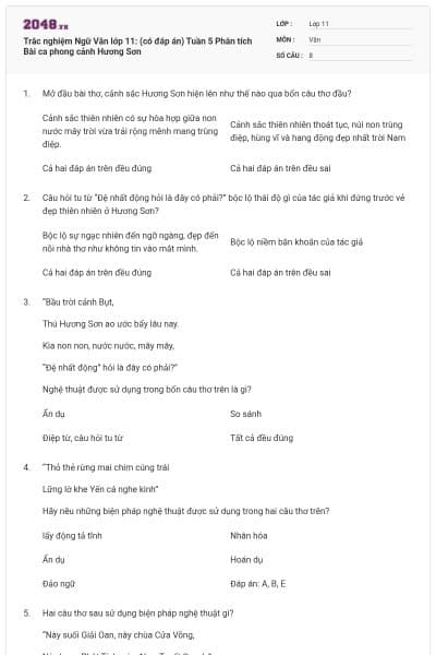Trắc nghiệm Ngữ Văn lớp 11: (có đáp án) Tuần 5 Phân tích Bài ca phong cảnh Hương Sơn
