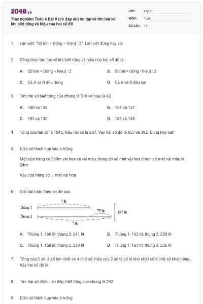 Trắc nghiệm Toán 4 Bài 8 (có đáp án) ôn tập về tìm hai số khi biết tổng và hiệu của hai số đó
