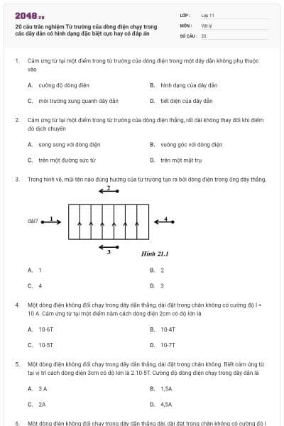 20 câu trắc nghiệm Từ trường của dòng điện chạy trong các dây dẫn có hình dạng đặc biệt cực hay có đáp án