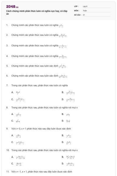 Cách chứng minh phân thức luôn có nghĩa cực hay, có đáp án