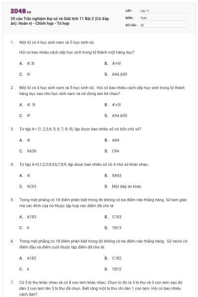 20 câu Trắc nghiệm Đại số và Giải tích 11 Bài 2 (Có đáp án): Hoán vị - Chỉnh hợp - Tổ hợp