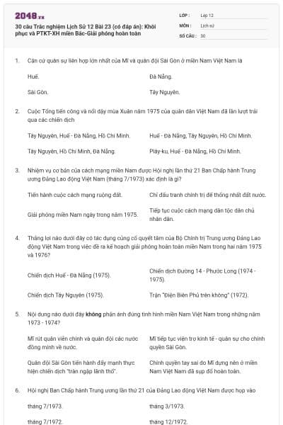 30 câu Trắc nghiệm Lịch Sử 12 Bài 23 (có đáp án): Khôi phục và PTKT-XH miền Bắc-Giải phóng hoàn toàn