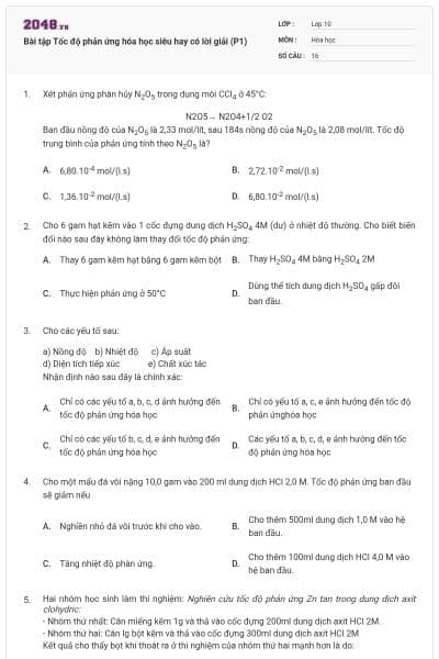 Bài tập Tốc độ phản ứng hóa học siêu hay có lời giải (P1)
