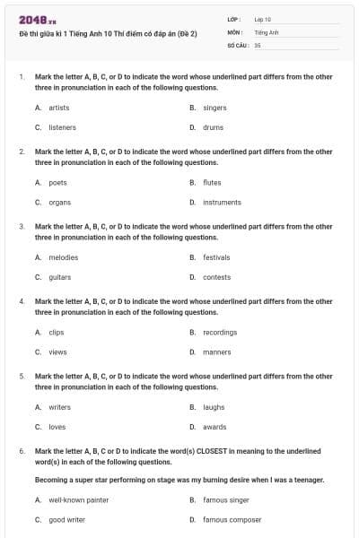 Đề thi giữa kì 1 Tiếng Anh 10 Thí điểm có đáp án (Đề 2)