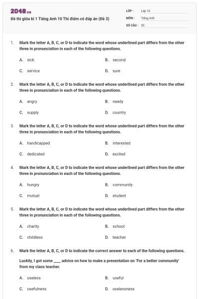 Đề thi giữa kì 1 Tiếng Anh 10 Thí điểm có đáp án (Đề 3)