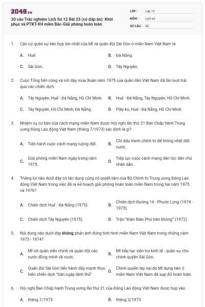 30 câu Trắc nghiệm Lịch Sử 12 Bài 23 (có đáp án): Khôi phục và PTKT-XH miền Bắc-Giải phóng hoàn toàn