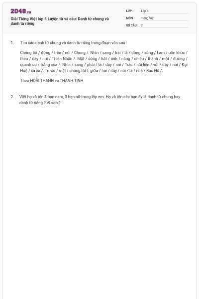 Giải Tiếng Việt lớp 4 Luyện từ và câu: Danh từ chung và danh từ riêng