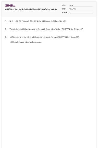 Giải Tiếng Việt lớp 4 Chính tả (Nhớ - viết): Gà Trống và Cáo