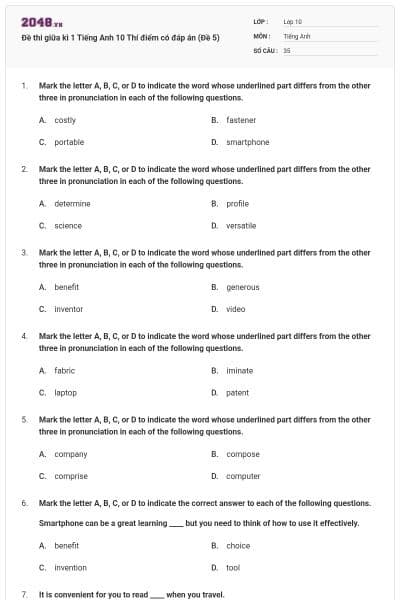 Đề thi giữa kì 1 Tiếng Anh 10 Thí điểm có đáp án (Đề 5)