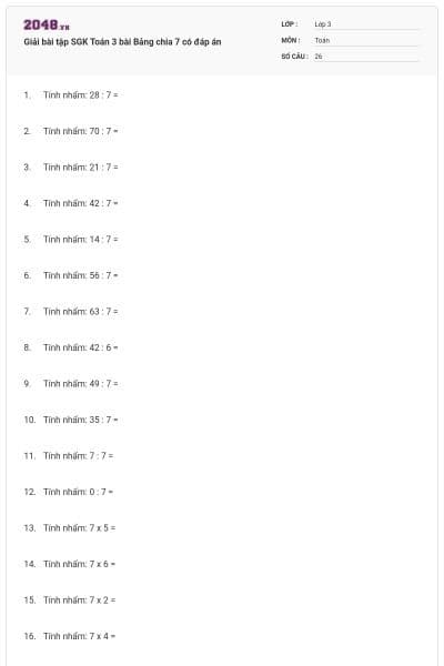 Giải bài tập SGK Toán 3 bài Bảng chia 7 có đáp án