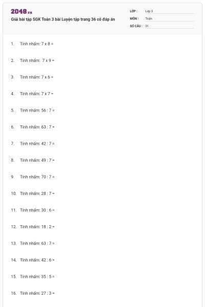 Giải bài tập SGK Toán 3 bài Luyện tập trang 36 có đáp án
