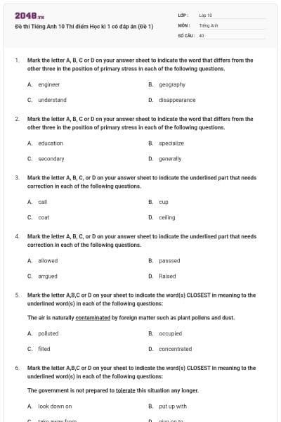 Đề thi Tiếng Anh 10 Thí điểm Học kì 1 có đáp án (Đề 1)