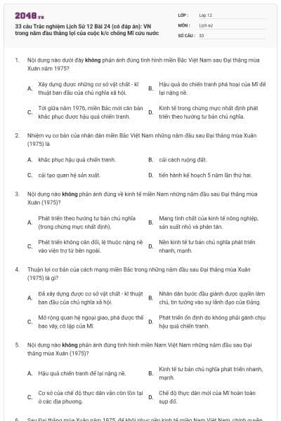 33 câu Trắc nghiệm Lịch Sử 12 Bài 24 (có đáp án): VN trong năm đầu thắng lợi của cuộc k/c chống Mĩ cứu nước