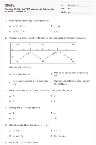 Tổng hợp 20 đề thi thử THPT quốc gia môn Toán cực hay có lời giải chi tiết (Đề số 7)