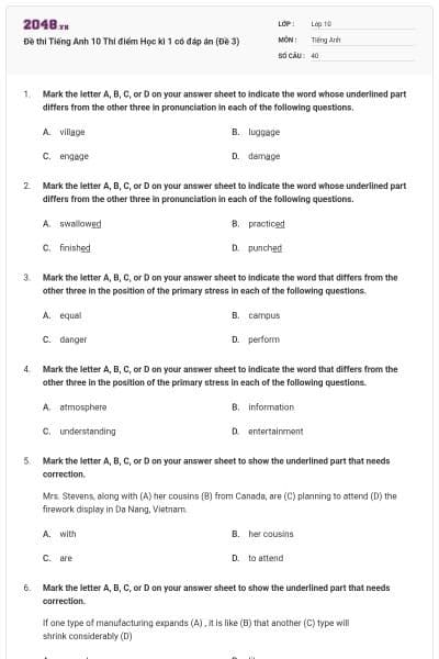Đề thi Tiếng Anh 10 Thí điểm Học kì 1 có đáp án (Đề 3)