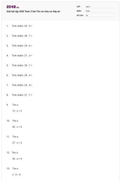 Giải bài tập SGK Toán 3 bài Tìm số chia có đáp án