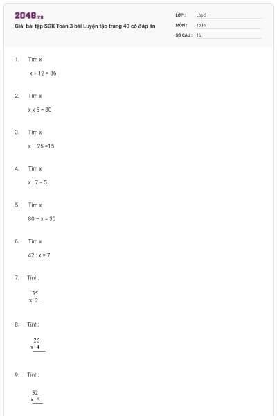 Giải bài tập SGK Toán 3 bài Luyện tập trang 40 có đáp án