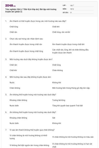 Trắc nghiệm Vật Lí 7 Bài 4(có đáp án): Bài tập môi trường truyền âm (phần 2)