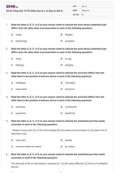 Đề thi Tiếng Anh 10 Thí điểm Học kì 1 có đáp án (Đề 4)