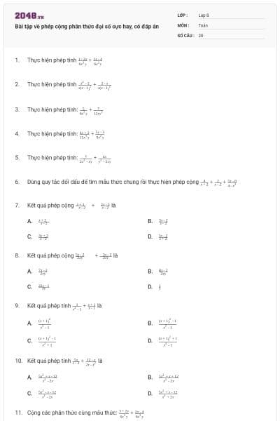 Bài tập về phép cộng phân thức đại số cực hay, có đáp án