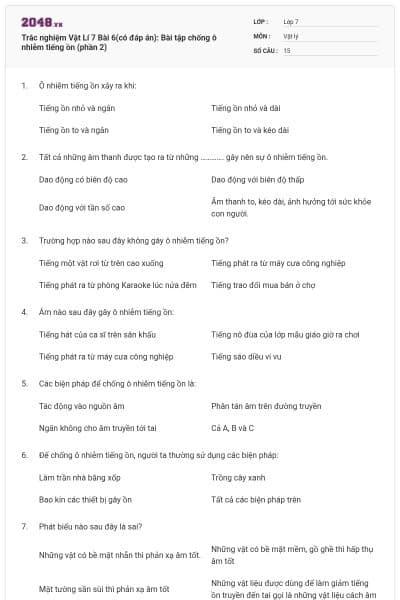 Trắc nghiệm Vật Lí 7 Bài 6(có đáp án): Bài tập chống ô nhiễm tiếng ồn (phần 2)