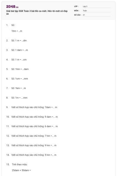Giải bài tập SGK Toán 3 bài Đề-ca-mét. Héc-tô-mét có đáp án
