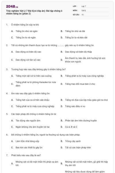 Trắc nghiệm Vật Lí 7 Bài 6(có đáp án): Bài tập chống ô nhiễm tiếng ồn (phần 2)