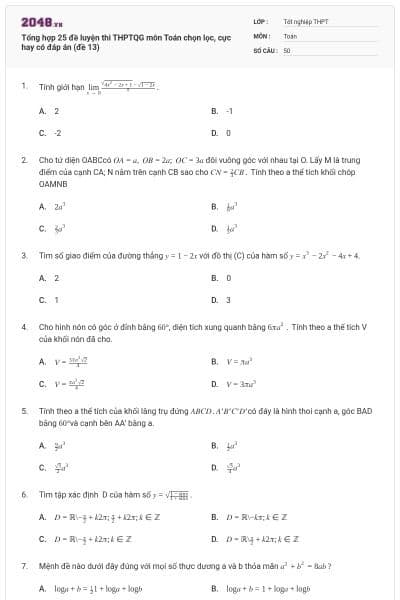 Tổng hợp 25 đề luyện thi THPTQG môn Toán chọn lọc, cực hay có đáp án (đề 13)