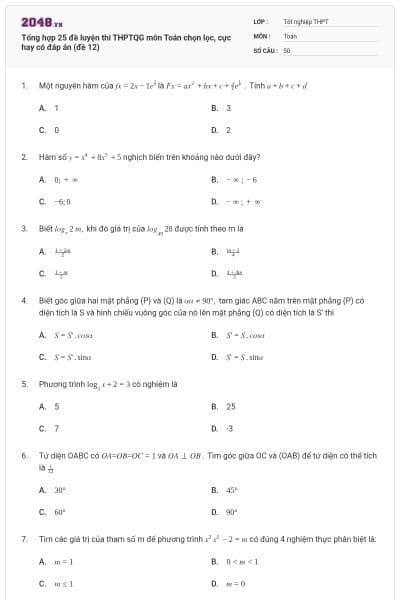 Tổng hợp 25 đề luyện thi THPTQG môn Toán chọn lọc, cực hay có đáp án (đề 12)
