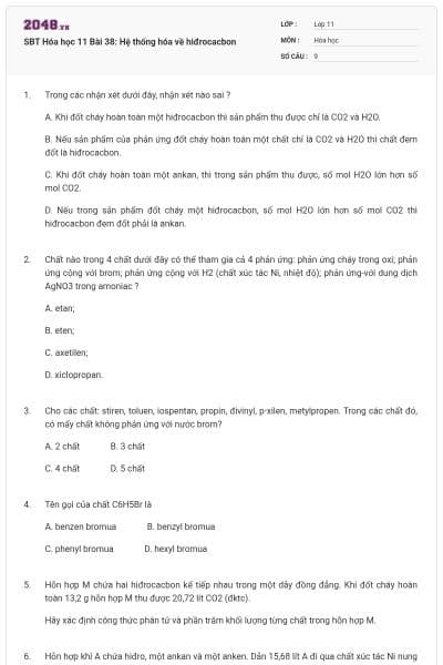 SBT Hóa học 11 Bài 38: Hệ thống hóa về hiđrocacbon