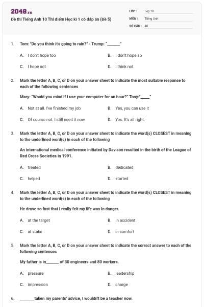 Đề thi Tiếng Anh 10 Thí điểm Học kì 1 có đáp án (Đề 5)