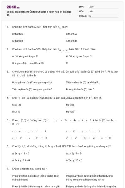 25 câu Trắc nghiệm Ôn tập Chương 1 Hình học 11 có đáp án