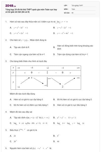 Tổng hợp 20 đề thi thử THPT quốc gia môn Toán cực hay có lời giải chi tiết (Đề số 8)