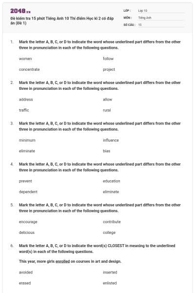 Đề kiểm tra 15 phút Tiếng Anh 10 Thí điểm Học kì 2 có đáp án (Đề 1)