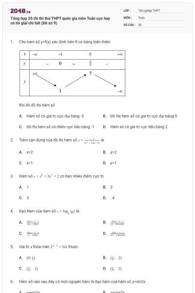 Tổng hợp 20 đề thi thử THPT quốc gia môn Toán cực hay có lời giải chi tiết (Đề số 9)