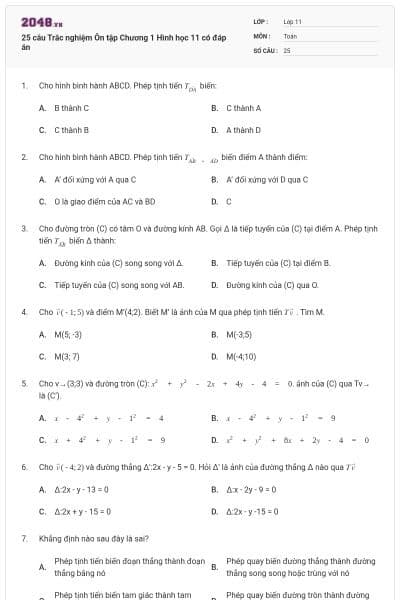 25 câu Trắc nghiệm Ôn tập Chương 1 Hình học 11 có đáp án