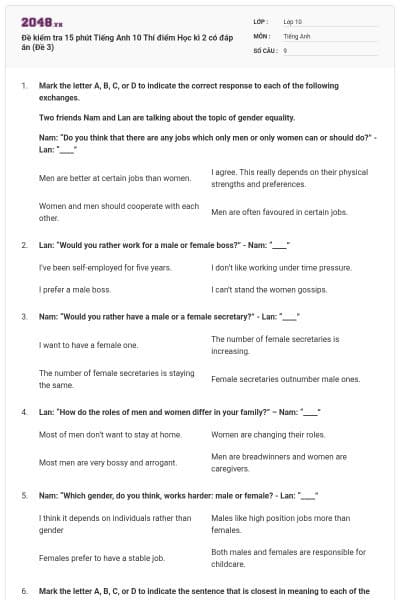 Đề kiểm tra 15 phút Tiếng Anh 10 Thí điểm Học kì 2 có đáp án (Đề 3)