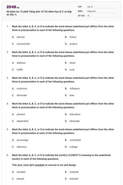 Đề kiểm tra 15 phút Tiếng Anh 10 Thí điểm Học kì 2 có đáp án (Đề 1)