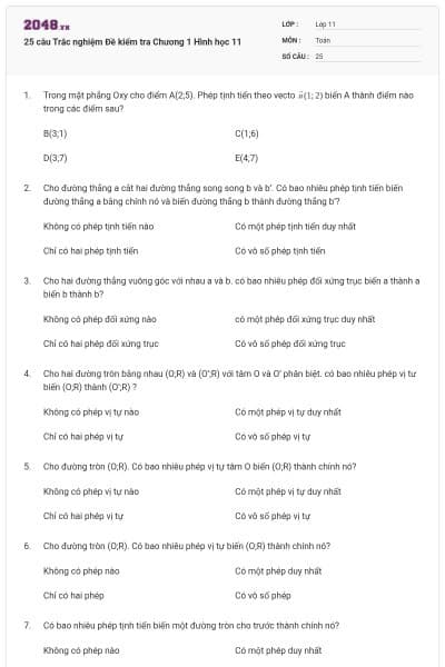 25 câu Trắc nghiệm Đề kiểm tra Chương 1 Hình học 11