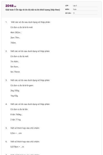 Giải toán 5 Ôn tập về đo độ dài và đo khối lượng (tiếp theo)